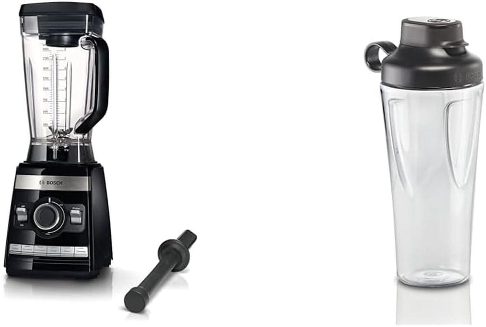 Bosch Batidora de pie Vitaboost MMBH6P6BDE, 6-Klingen-Edelstahlmesser, 2.5L Tritan-Mixbehälter, Stopfer, 6 Automatikprogramme, Rezeptbuch, Bpa-Frei, Einfache Reinigung, 45.000 U/Min, 1600 W, Schwarz Kucatarie Naty Shop Bundle Mit Flasche 6 Automatikprogramme Deutsches Rezeptbuch