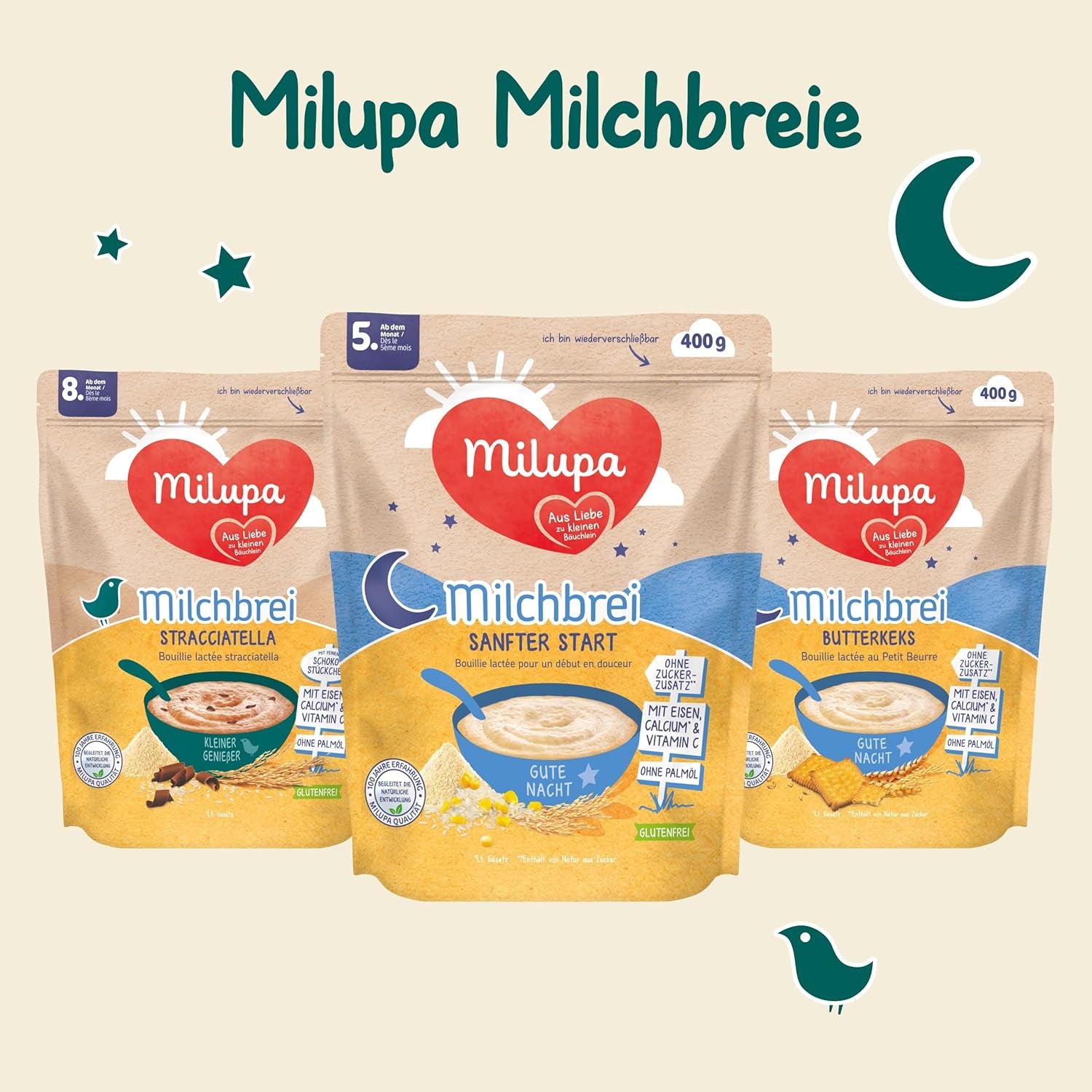Papilla de leche Milupa Gentle Start - Cereales para bebés sin gluten, sin aceite de palma - Sin conservantes ni colorantes - A partir de 5 meses - 4 x 400 g