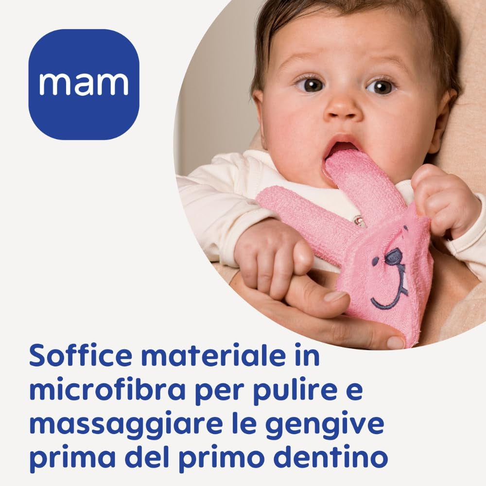 MAM Inel de dentiție pentru iepuri, mănușă de îngrijire orală pentru dinți, microfibră, 0+ luni, roz