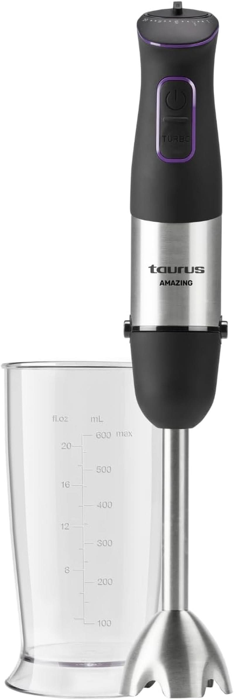 Batidora de Pie Taurus 1000W | 20 Geschwindigkeitstufen | Función turbo | 4 Edelstahlklingen | Diseño ergonómico suave al tacto | Spritzchutz | Accesorios | Edelstahl | Elektrisch |Kunststoff, Plata/Negro Madre e Hijo Naty Shop 1000W | 1 Accesorios