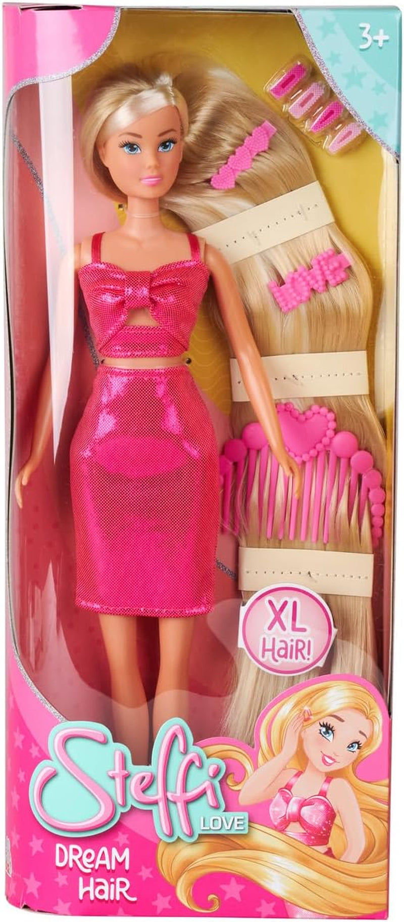Simba Steffi Love Dream Hair – Puppe de tobillo con cabello extra largo, inkl. Haarclips & Kamm, im pinken Glitzerkleid, 29 cm groß, Frisierpuppe für Kinder ab 3 Jahren