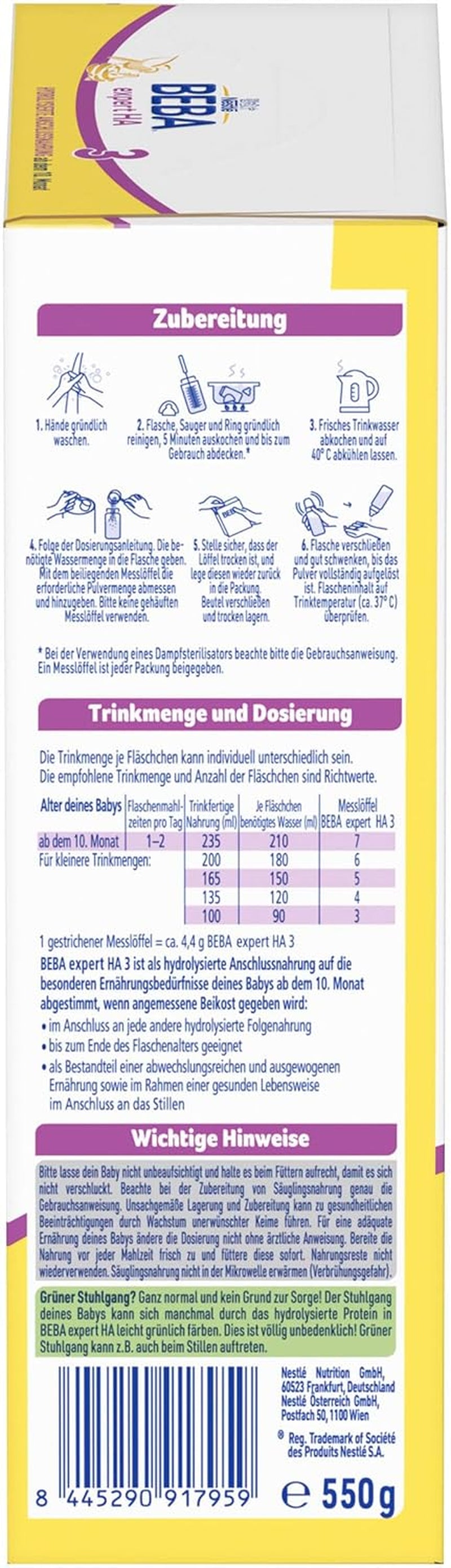 BEBA expert HA 3 Fórmula de continuación hidrolizada, a partir de 10 meses, 1 paquete (1 x 550 g)