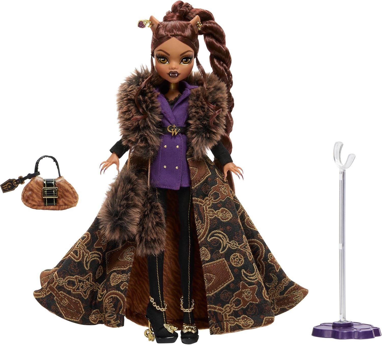 Păpușa Monster High, figurină de colecție Clawdeen Wolf Casa Lupilor cu haină jacquard din blană artificială, rochie sacou mov, pantaloni și accesorii aurii, JDR66