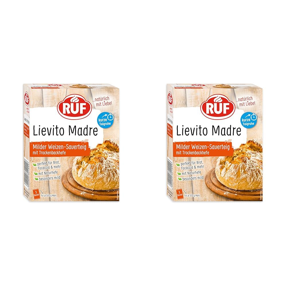 RUF Lievito Madre Sauerteig, Milder Weizen-Sauerteig, Mutterteig, Kurze Teigruhe Durch Enthaltene Trockenhefe, Lievito Madre Getrocknet Für Brot, Baguette, Focaccia, 3X35G Mezcla para hornear y cocinar Naty Shop 35 G (6Er Pack) Kurze Teigruhe