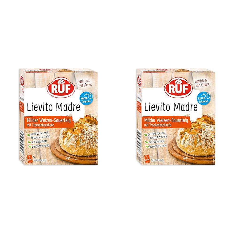 RUF Lievito Madre Sauerteig, Milder Weizen-Sauerteig, Mutterteig, Kurze Teigruhe Durch Enthaltene Trockenhefe, Lievito Madre Getrocknet Für Brot, Baguette, Focaccia, 3X35G Mezcla para hornear y cocinar Naty Shop 35 G (6Er Pack) Kurze Teigruhe
