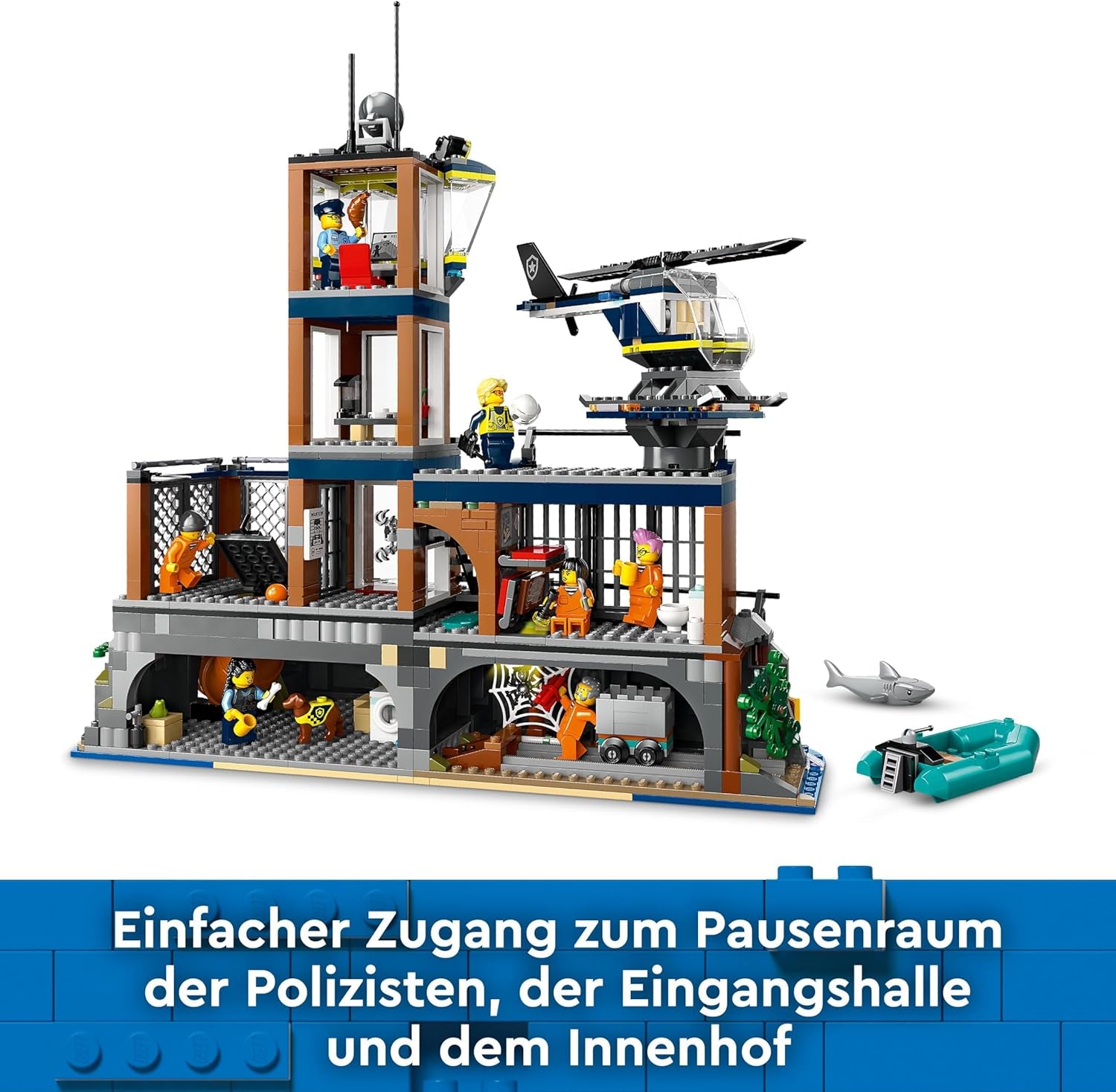 LEGO City Comisaría de Policía de Prison Island Helicóptero Barco Tiburón Policía Juego de juguetes 7 minifiguras y perro Regalo de cumpleaños para niños y niñas de 7 años 60419 Juegos de construcción Besuche den LEGO-Store