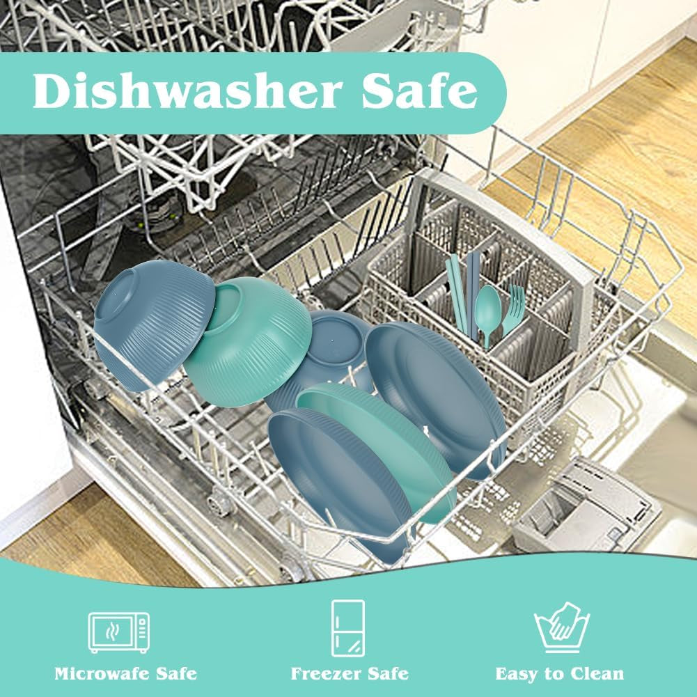 Set de veselă de camping cu 53 de piese pentru 4 persoane, veselă de camping indestructibilă pentru 4 persoane, set de veselă din plastic ușor cu geantă de transport, farfurii și boluri stivuibile, veselă de picnic pentru grătar și grădină