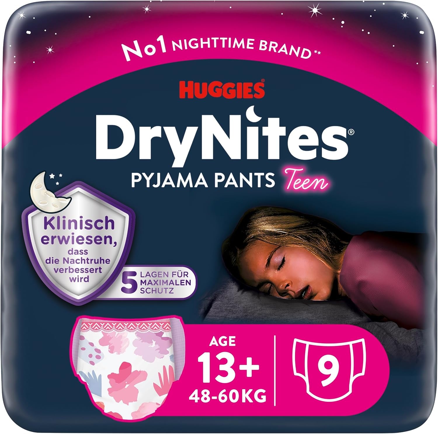 Huggies DryNites pañales para enuresis nocturnos para niñas de 13 a 17 años aproximadamente (48-60 kg), paquete mensual de 27 unidades (3x9)