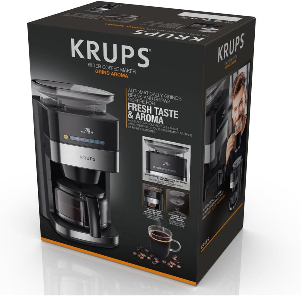 Espressor Krups KM8328 Grind cu râșniță | Cronometru 24 de ore | Recipient boabe 180 g | Capacitate 1,25 l pentru până la 15 cești de cafea | Funcție de oprire automată | 3 setări de măcinare | Negru