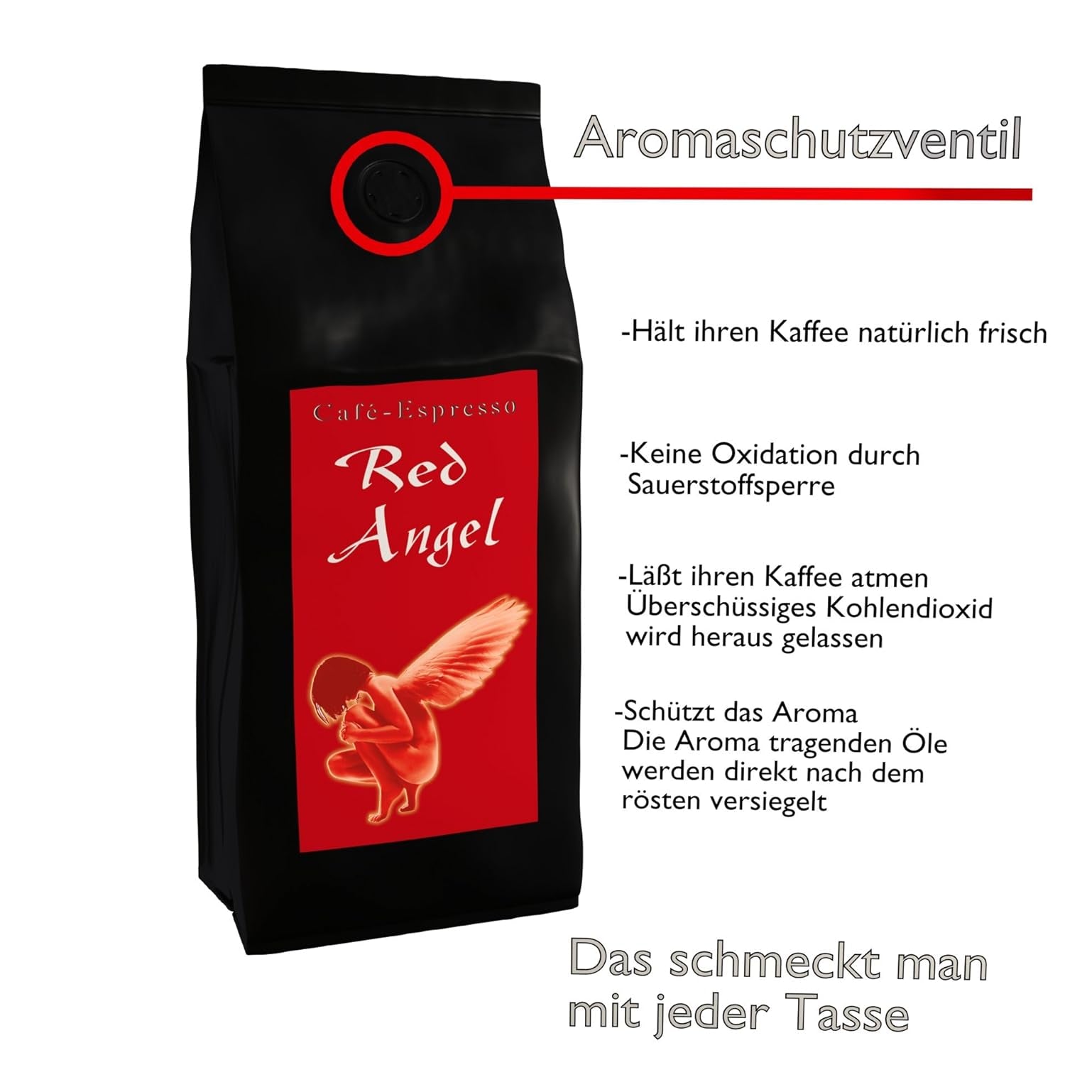 Espresso Kaffee Red Angel - Der Feurige - 1000g Fein Gemahlen - für Espressokocher, Espressomaschine, Percolator - Starker Premium-Espresso - Säurearm - Schonend und Frisch Geröstet