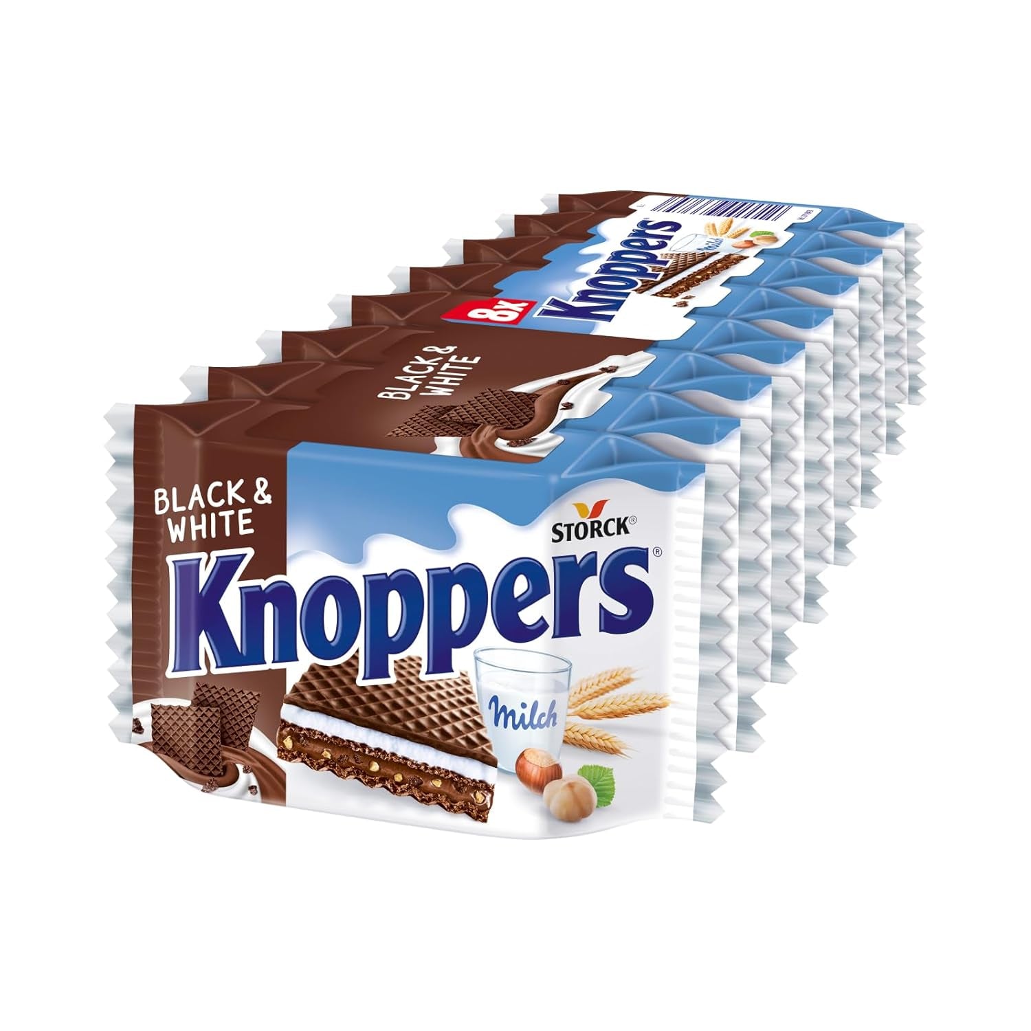 Knoppers blancos y negros – 8 x 25 g – Lonchas de barquillo rellenas de barquillos de cacao oscuro, trozos de galleta negra, leche y crema de turrón