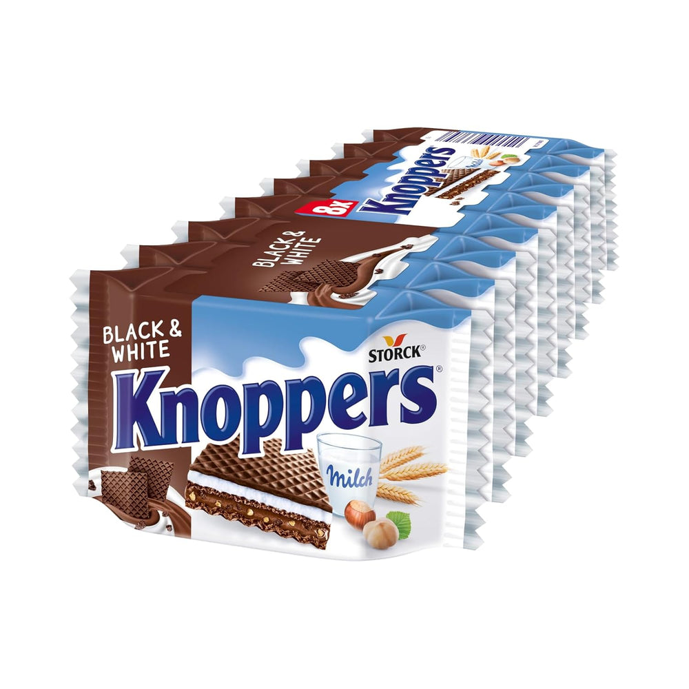 Knoppers blancos y negros – 8 x 25 g – Lonchas de barquillo rellenas de barquillos de cacao oscuro, trozos de galleta negra, leche y crema de turrón