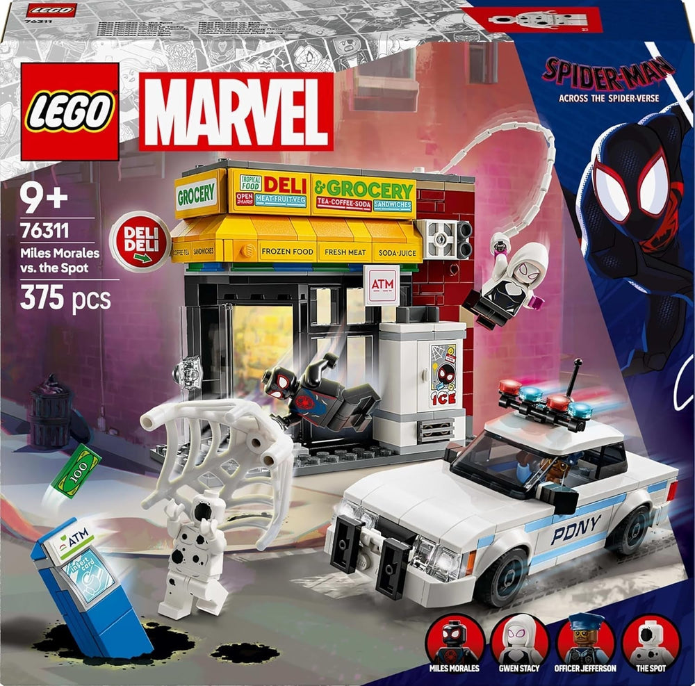 LEGO Marvel Spider-Verse: Miles Morales Vs. Spot - Set de joacă pentru supereroi cu mașină de jucărie - 4 minifigurine și mini-market - Cadou pentru băieți și fete cu vârsta de 9+ 76311 Seturi de constructie Besuche den LEGO-Store