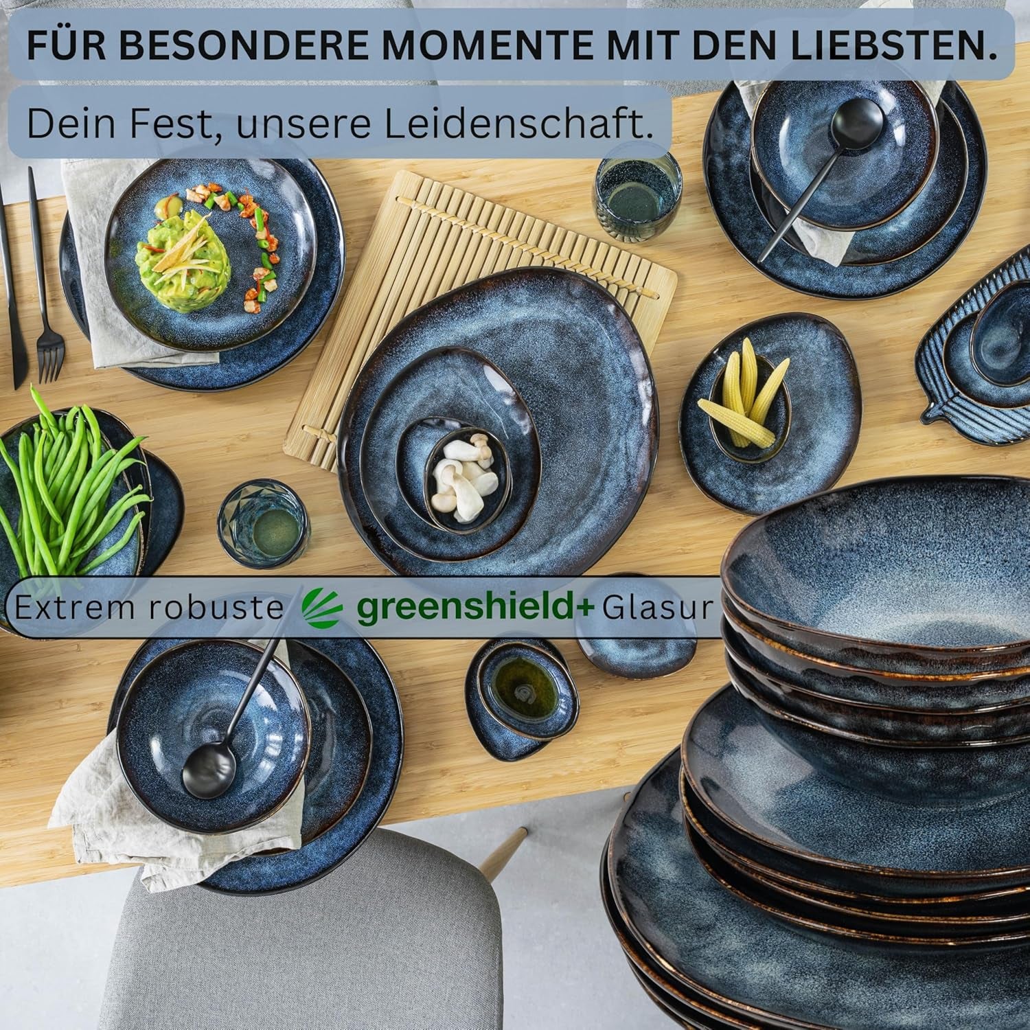 Sänger | Set de veselă Tokyo cu 36 de piese, veselă pentru 12 persoane, set de veselă din gresie, modern lucrat manual, veselă albastru închis cu accente negre | COLECȚIA PREMIUM