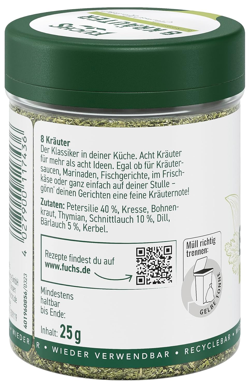Fuchs Gewürze - 8 Kräuter gerebelt - Kräutermischung für Marinaden, Fischgerichte oder Kräuter-Frischkäse - ingredientes naturales - 25 g en wiederverwendbarer, recyclebarer Dosis