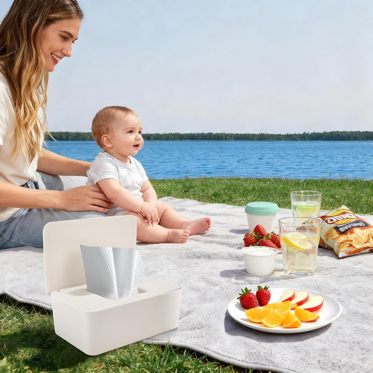 Caja de toallitas húmedas con tapa, caja de toallitas húmedas, dispensador de toallitas húmedas para bebés, caja de almacenamiento impermeable y sellada, dispensador de toallitas húmedas para baño, cocina, blanco