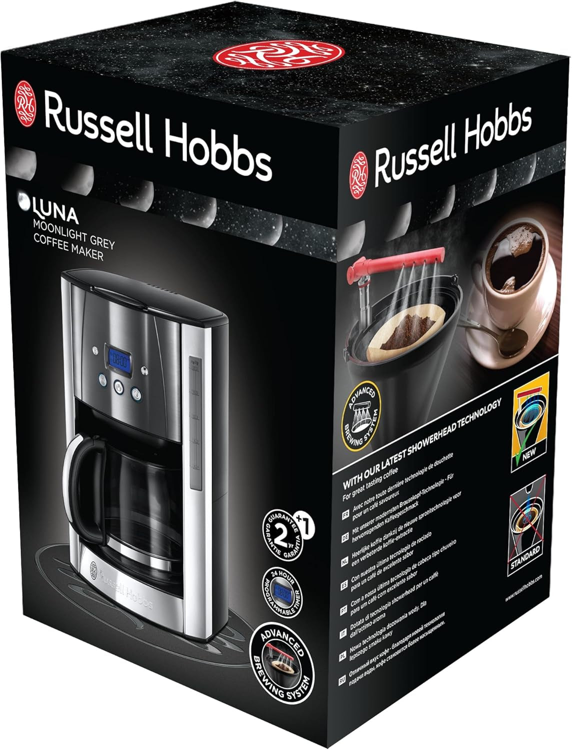 Cafetieră Russell Hobbs Luna Grey [Temporizator digital, Cap de duș pentru extracție și aromă optime] (1 până la 12 cești, Carafă din sticlă de 1,5 l, Placă de încălzire, 1000 W) Cafetieră cu filtru 23241-56