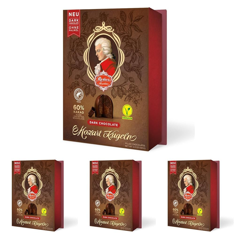 Reber Bolitas Mozart con chocolate negro, pack de 6 con mazapán y turrón, vegano - 1 x 120 g