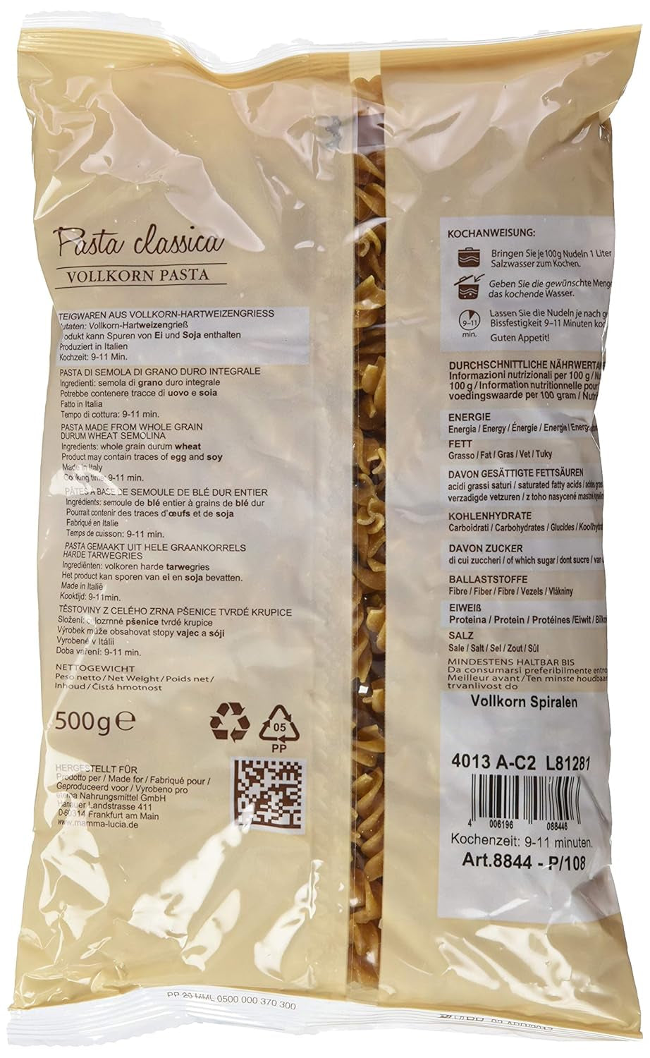 Pasta espiral integral, 500 g