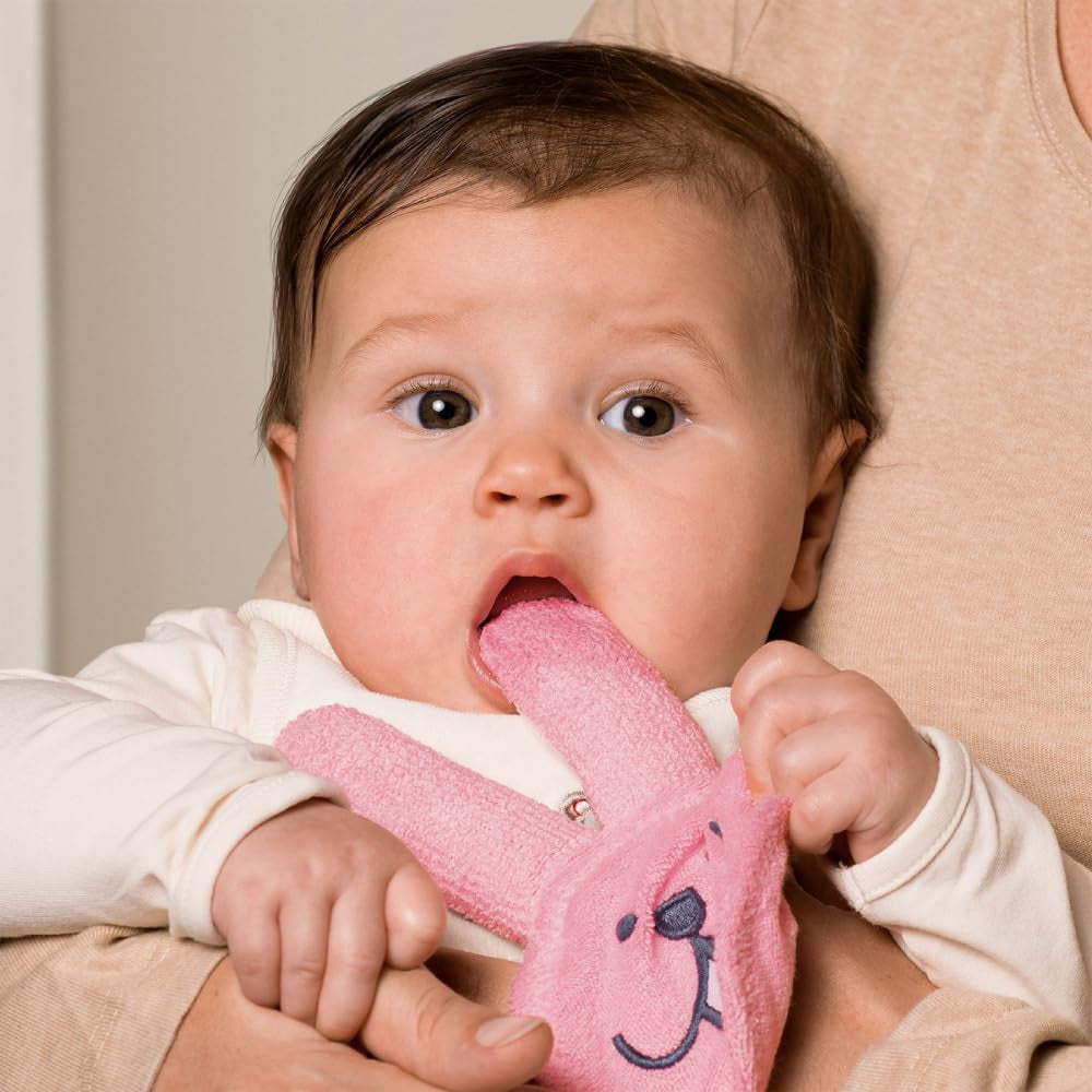 MAM Inel de dentiție pentru iepuri, mănușă de îngrijire orală pentru dinți, microfibră, 0+ luni, roz