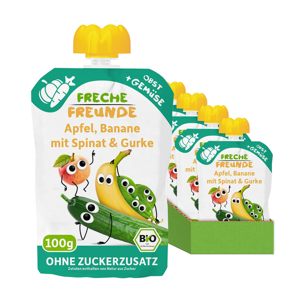 FRECHE FREUNDE Bolsita de fruta ecológica exprimible con manzanas, plátanos, espinacas y pepino, puré de frutas y verduras en bolsita exprimible para bebés a partir de 6 meses, vegano, paquete de 6 (6 x 100 g)