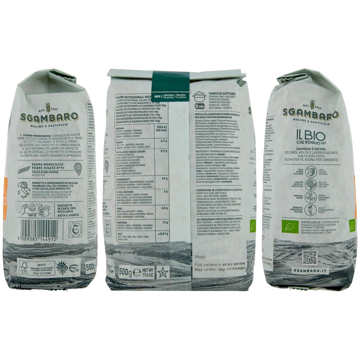 Pasta Penne Rigate Bio N.91 - 500g Pasta de trigo baja en grasa - Fuente de fibra y proteínas