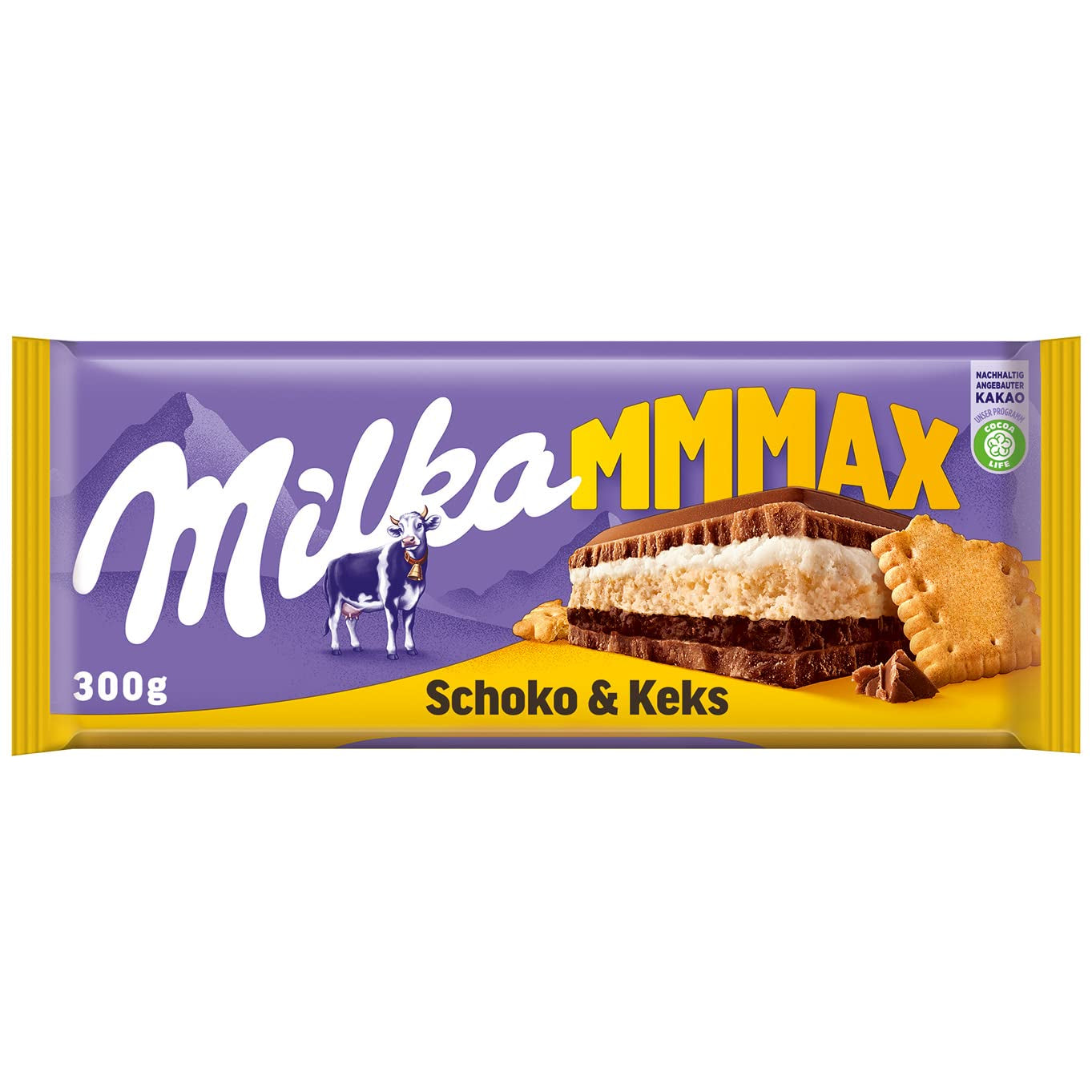 Chocolate y Galletas Milka Mmax – Chocolate con leche alpino con relleno de crema de leche y trozos de galleta crujientes – 300g