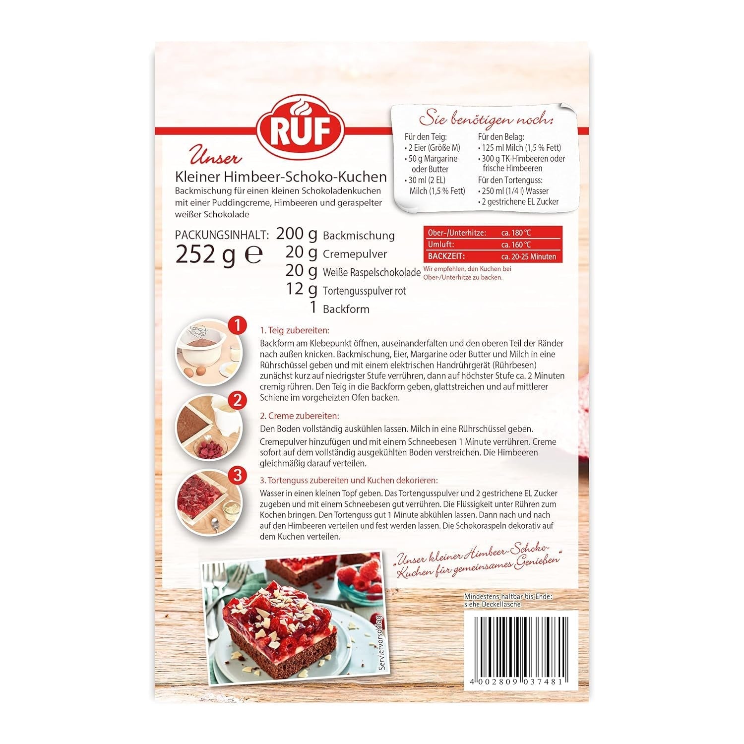 RUF Kleiner Himbeer-Schokokuchen, Mini-Kuchen Mit Feiner Puddingcreme, Himbeeren Und Weißen Schokoraspeln, Inkl. Backform, 1X252G Mezcla para hornear y cocinar Naty Shop