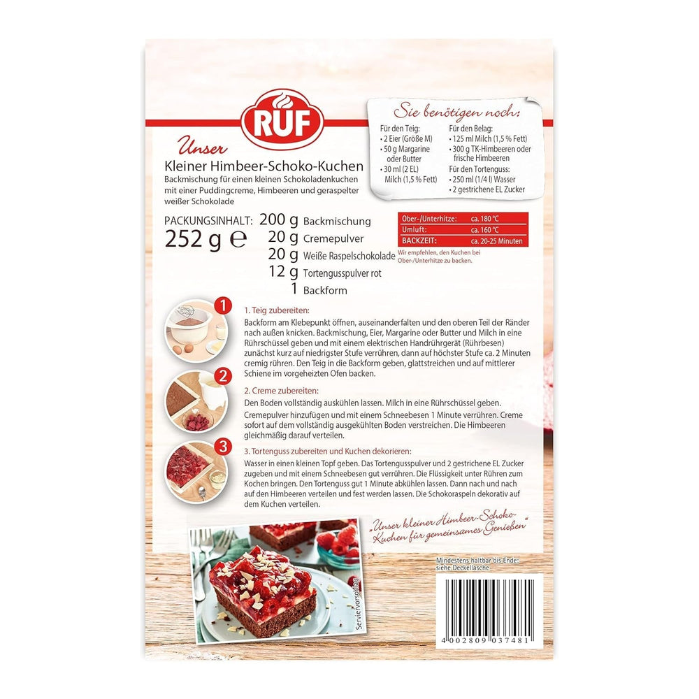 RUF Kleiner Himbeer-Schokokuchen, Mini-Kuchen Mit Feiner Puddingcreme, Himbeeren Und Weißen Schokoraspeln, Inkl. Backform, 1X252G Mezcla para hornear y cocinar Naty Shop