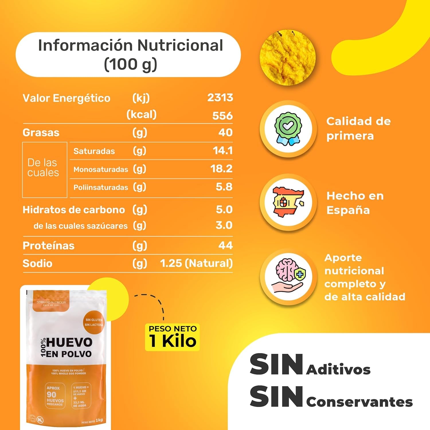Eipulver aus Freilandeiern (1kg) | Pasteurisiertes Vollei Pulver | Ohne Zusatztoffe | Sin gluten y sin lactosa | Embalaje de vacío en Zip-Beutel