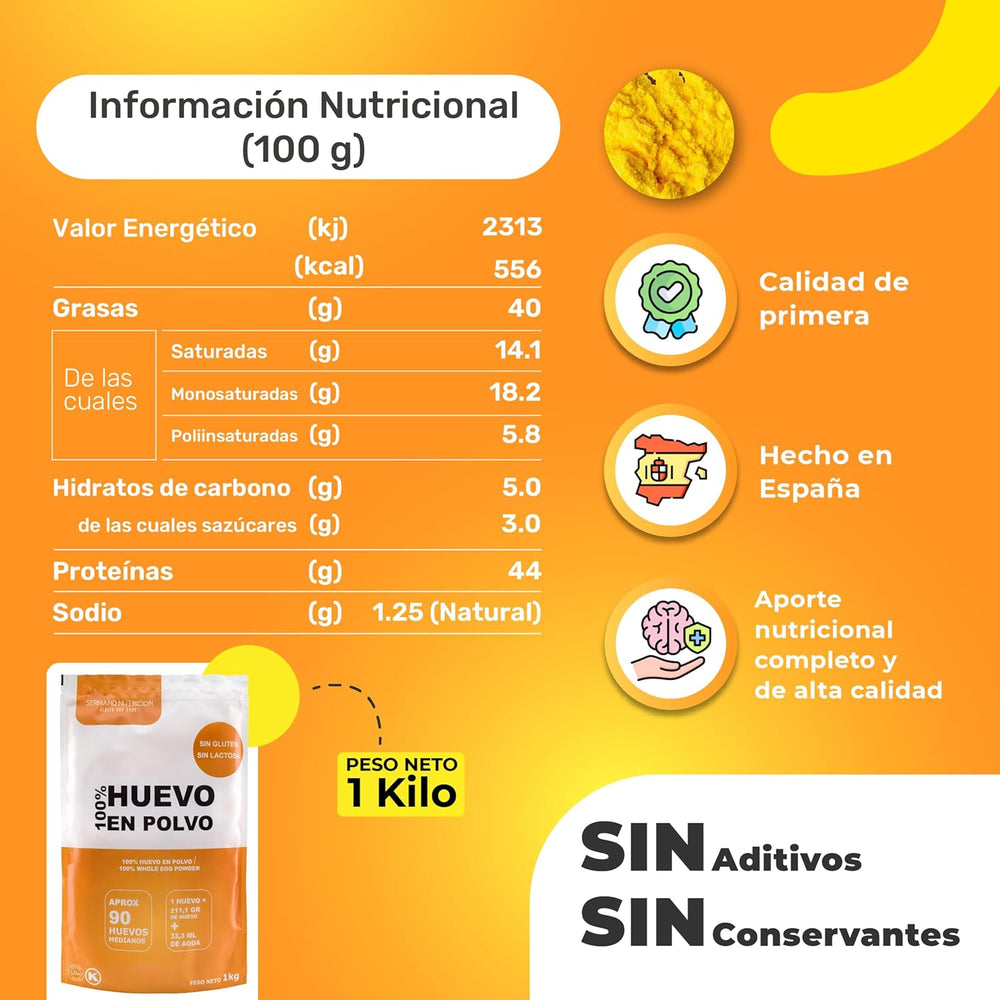 Eipulver aus Freilandeiern (1kg) | Pasteurisiertes Vollei Pulver | Ohne Zusatztoffe | Sin gluten y sin lactosa | Embalaje de vacío en Zip-Beutel