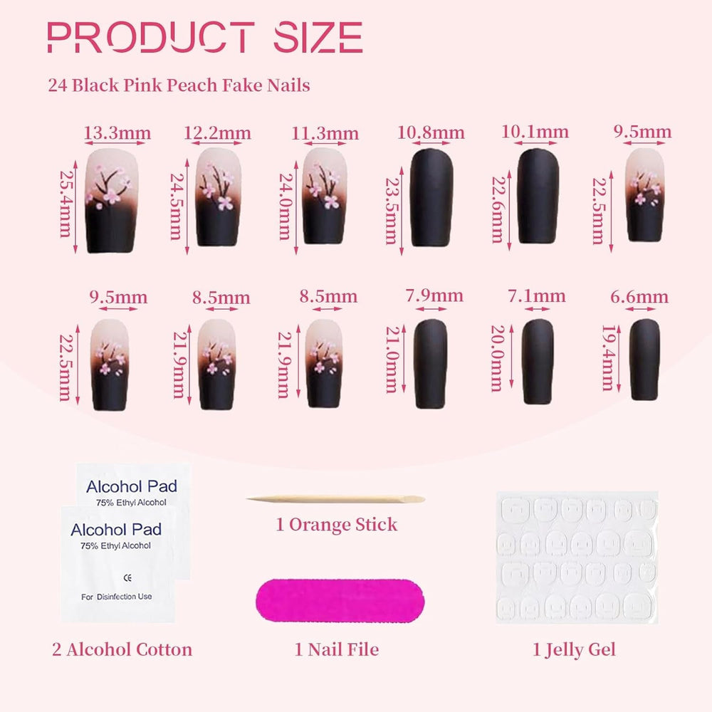 24 de bucăți de unghii French Press negre de toamnă, unghii lungi cu flori roz, unghii artificiale pentru lipit, set de unghii artificiale de toamnă cu accesorii