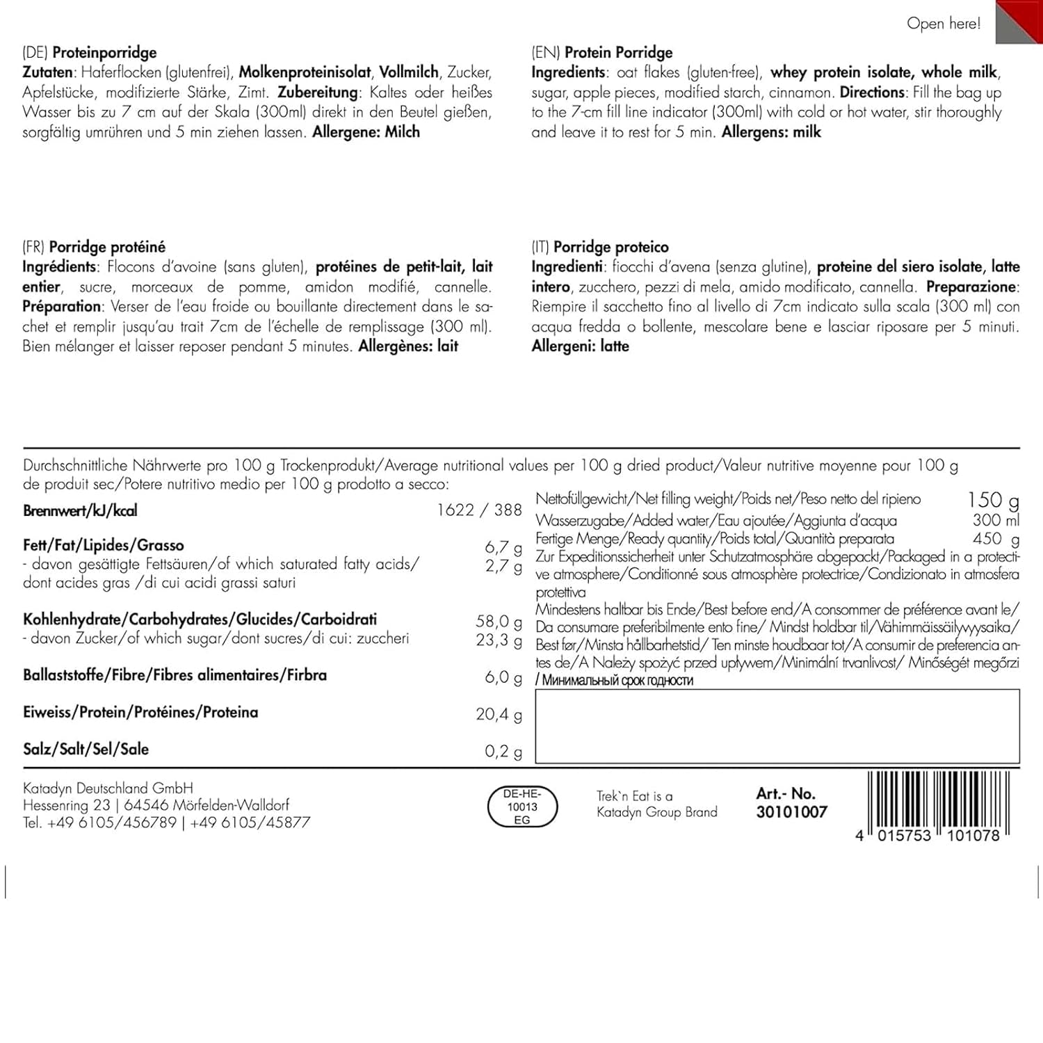 Trek'n Eat Protein Porridge: desayuno rico en proteínas para el aire libre | Mesa liofilizada para camping, senderismo y expediciones | Relleno, rápido de preparar, ideal para viajar