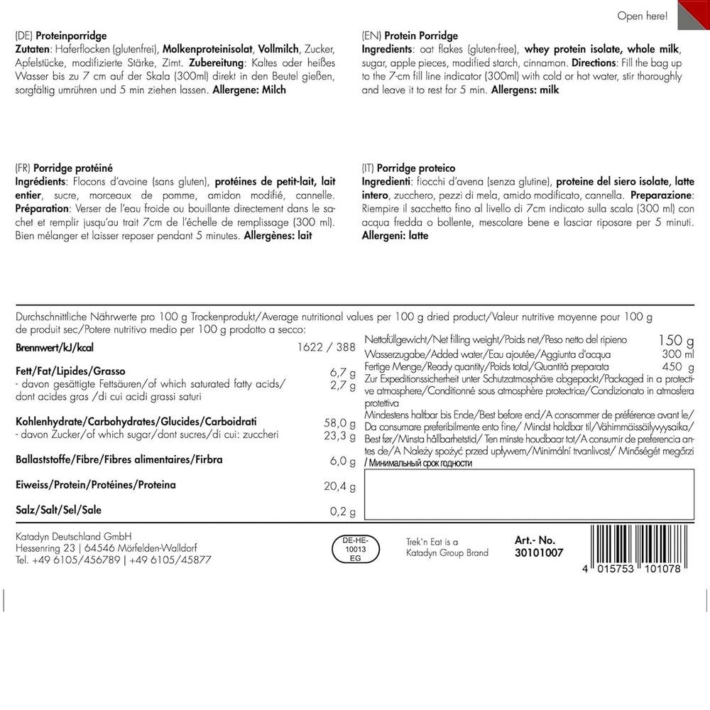 Trek'n Eat Protein Porridge: desayuno rico en proteínas para el aire libre | Mesa liofilizada para camping, senderismo y expediciones | Relleno, rápido de preparar, ideal para viajar
