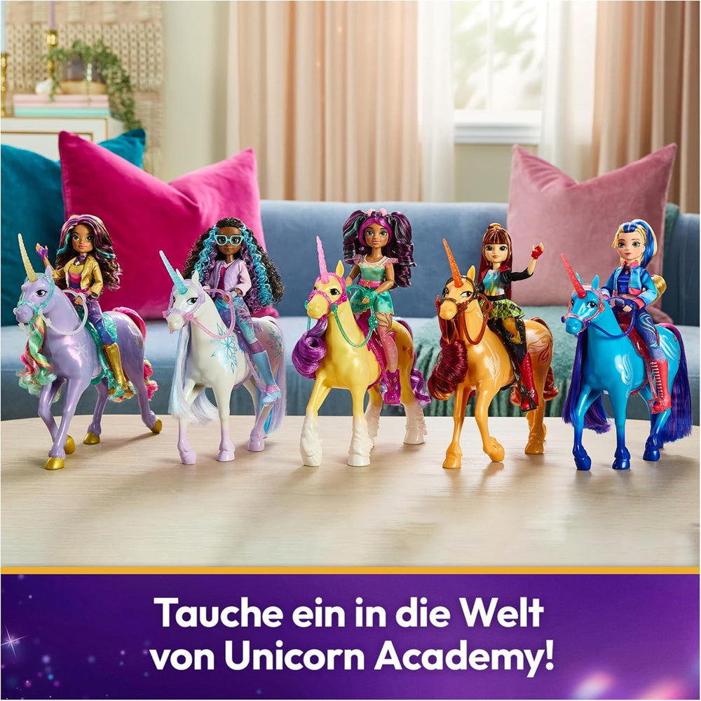 Unicornul Wildstar de la Unicorn Academy - 28 cm înălțime, unicorn original de Sophia din serialul Netflix, cu coamă și coadă reale, frâu și șa detașabile și perie, pentru copii cu vârsta de 4 ani și peste