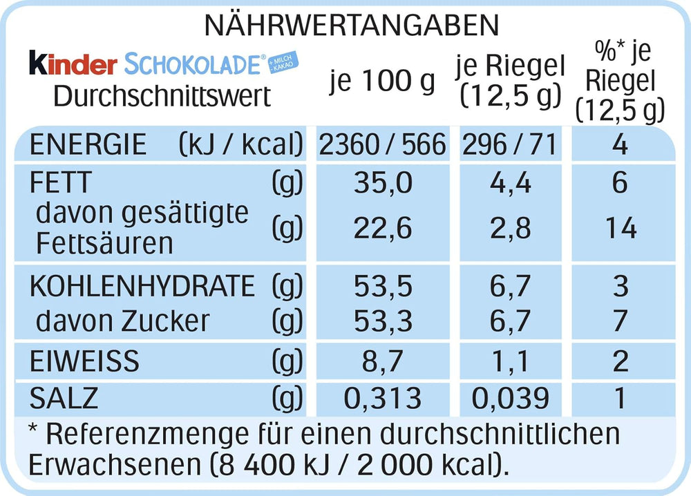 Kinder Chocolate - Barras de chocolate con leche rellenas - 1 paquete que contiene 24 barras individuales (24 x 12,5 g).