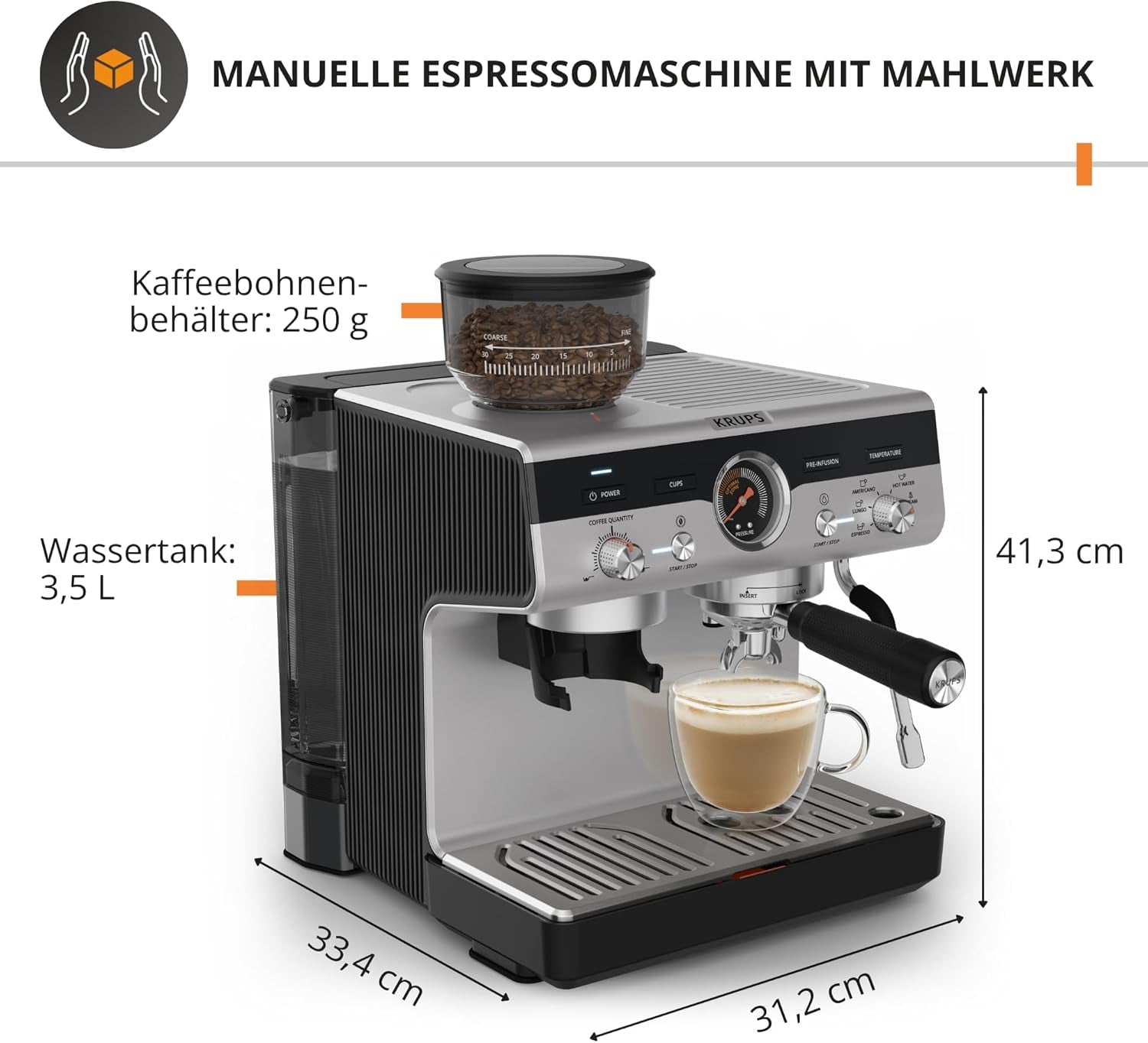 Espressor manual Krups Precision cu portafiltru și râșniță, aparat de cafea barista cu panou de control intuitiv, setări de pre-infuzare, espressor cu duză de abur, încălzire rapidă, XP801T10