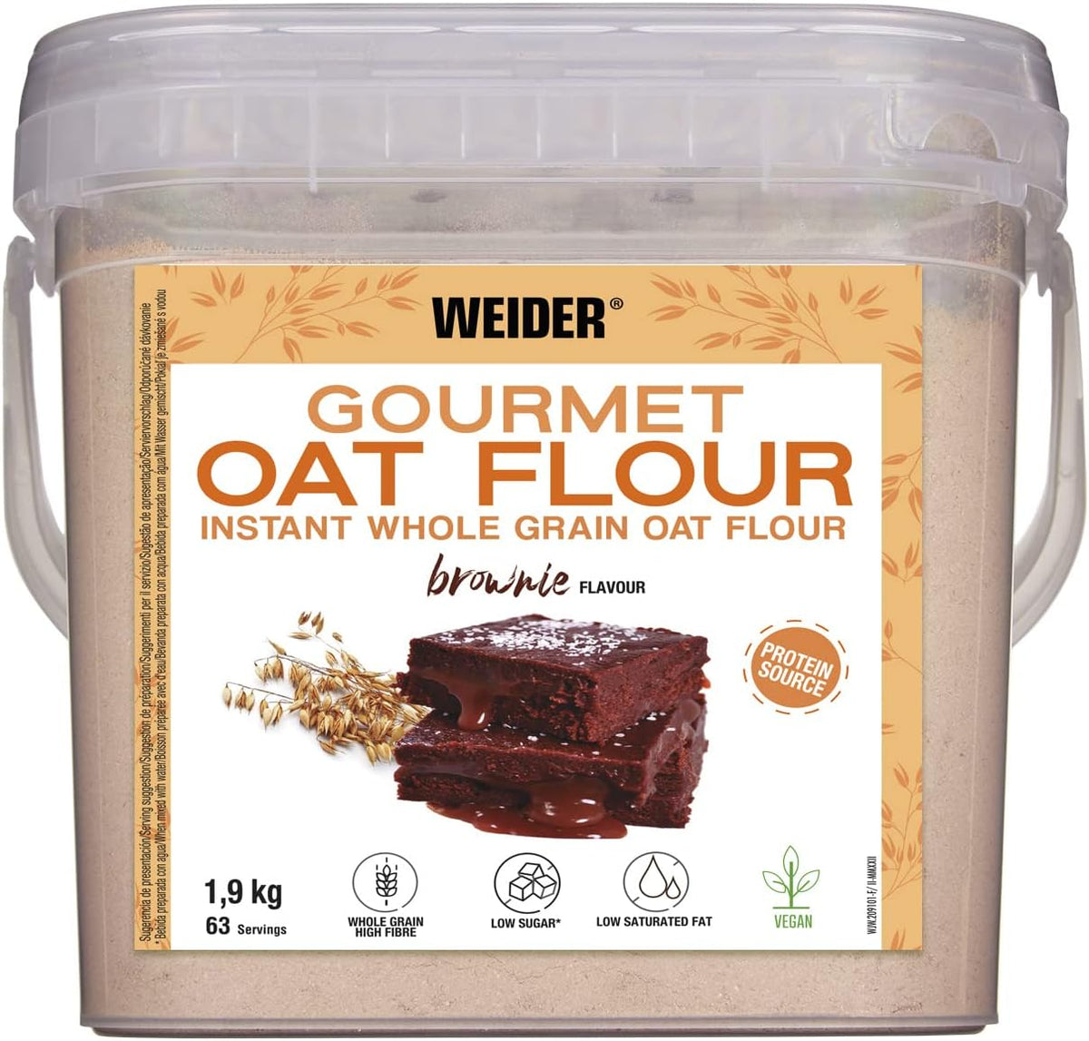 Avena Weider Gourmet (1,9 kg) sabor brownie. Avena integral. Fuente de proteínas baja en azúcar.