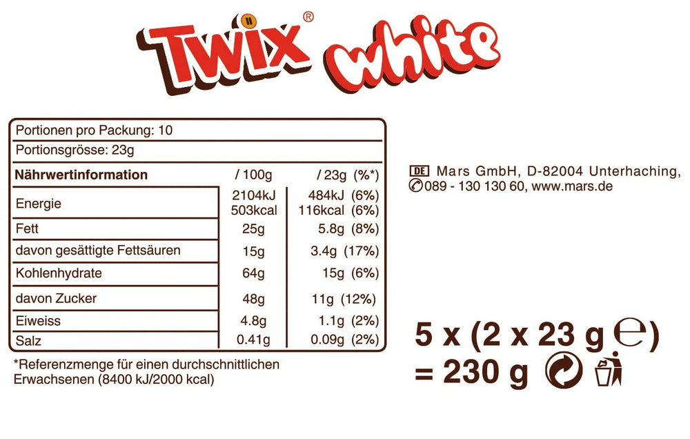 Barras de chocolate blanco Twix; caramelo, galletas, chocolate blanco; paquete múltiple de chocolates; 5 barras (5 x 46 g)