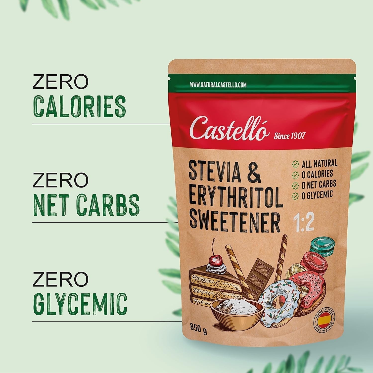 Stevia + Eritritol 1:2 Süßstoff | 1G = 2G Zucker | 100% Natürlicher Zuckerersatz - 0 Kalorien - 0 Glykämischer Index - Keto Und Paleo - 0 Netto-Kohlenhidrato - Kein GVO - Castello since 1907 - 850 G Edulcorantes Naty Shop