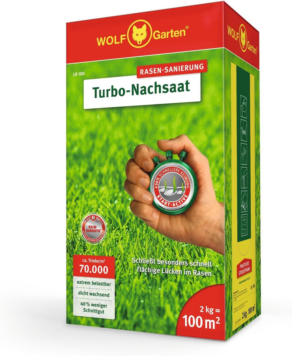 Wolf-Garten Turbo-Nachsaat Zur Rasensanierung LR50 (Für 50 M2, Hohe Dichte Mit Ca. 70.000 Trieben/M2, Für Alle Rasentypen Geeignet, Mit Wolf-Garten Keimgarantie, Im 1Kg Karton) 3826031