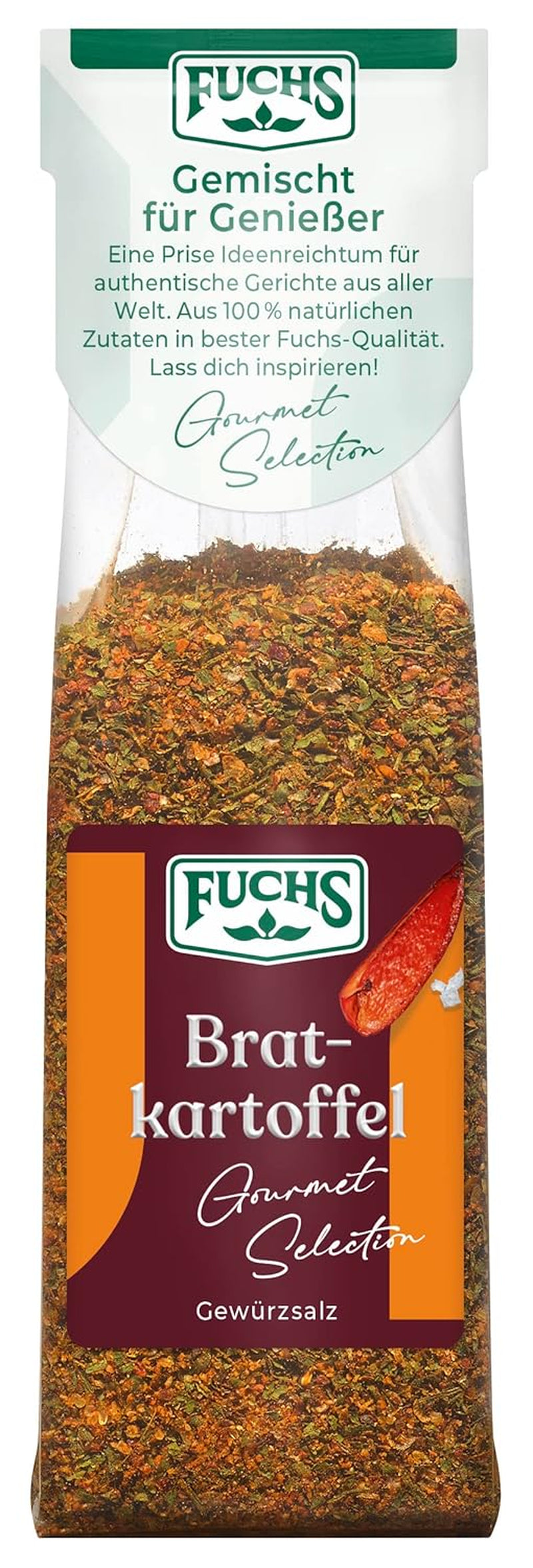 Fuchs Gourmet Selection Klassisch/Heimisch – Bratkartoffel Gewürzsalz, nachfüllbares Kartoffel Gewürz, Salz zum Würzen von Brat- & Ofenkartoffeln, Pommes Frites & Co, vegano, 70 g