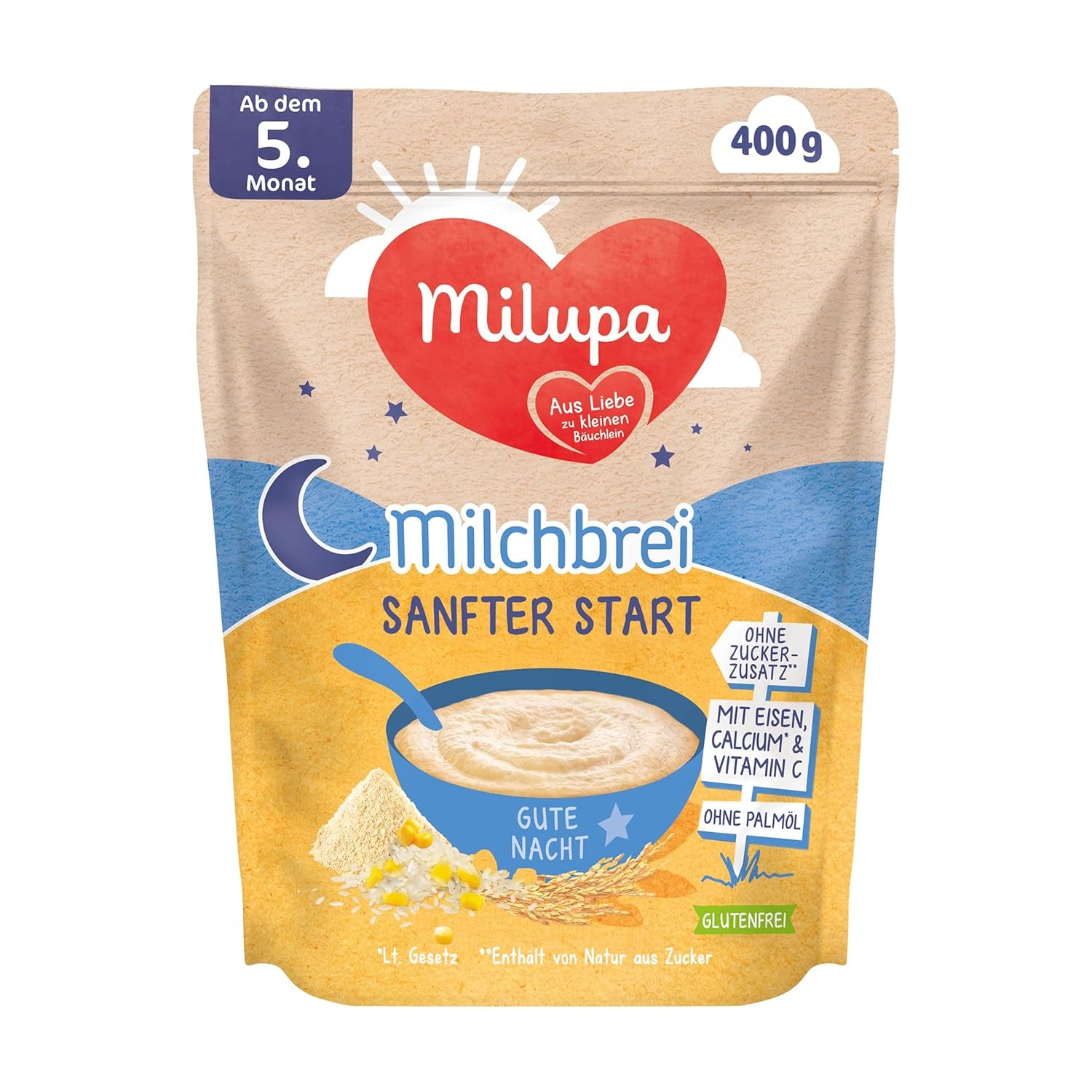 Papilla de leche Milupa Gentle Start - Cereales para bebés sin gluten, sin aceite de palma - Sin conservantes ni colorantes - A partir de 5 meses - 4 x 400 g