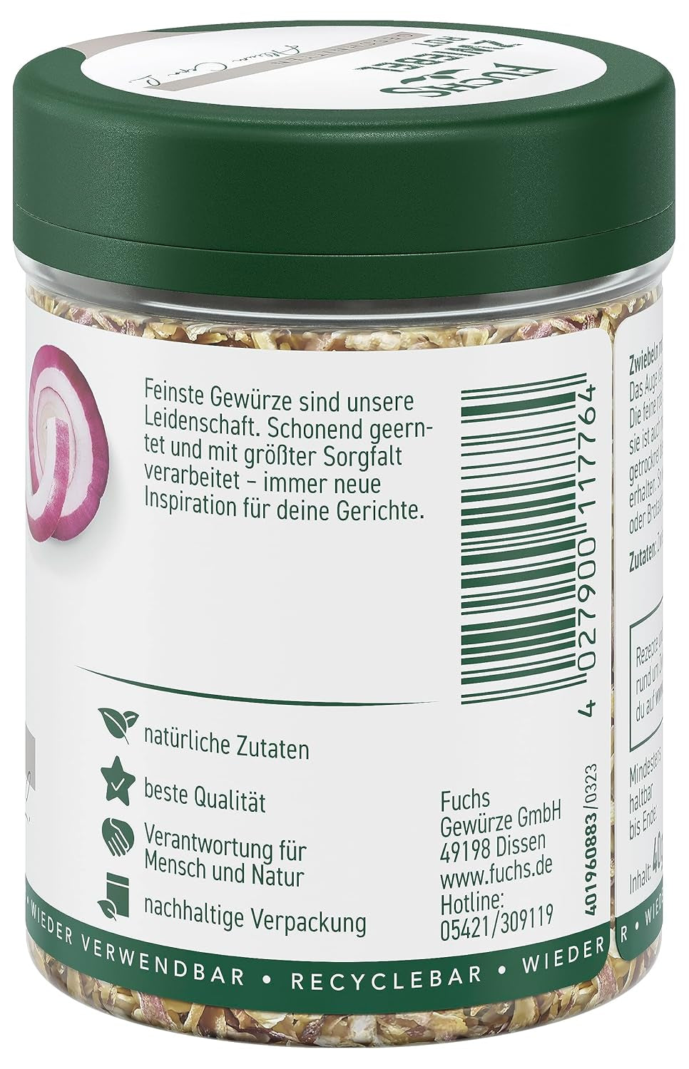 Fuchs Gewürze - Zwiebel rot geschnitten - Gewürz für Pürees, Salad oder Brotaufstriche - ingredientes naturales - 40 g en wiederverwendbarer, recyclebarer Dosis