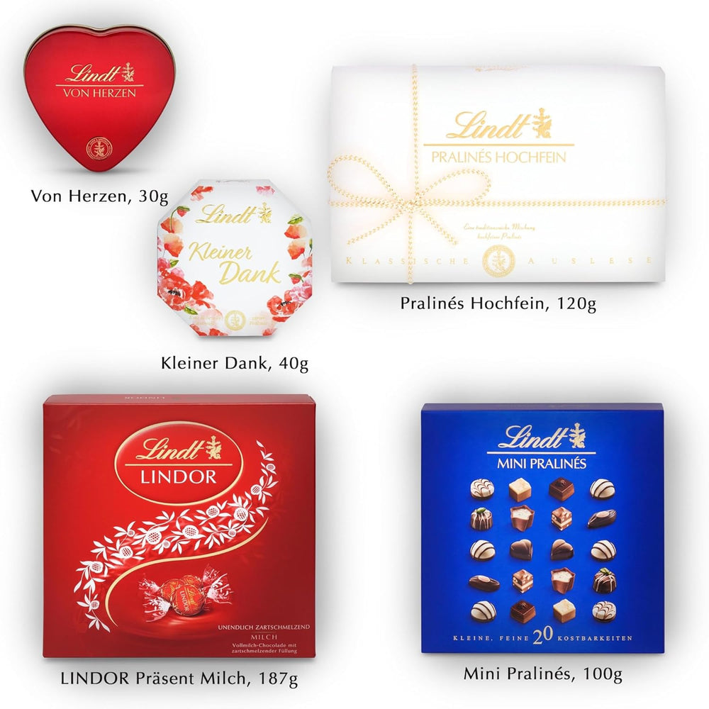 Set de regalo de praliné de chocolate Lindt | 477 g | 5 cajas de bombones Lindt en las variantes: Exquisito, Mini Praliné, Regalo LINDOR, Pequeño Gracias, Del Corazón | Regalo praliné | regalo de chocolate