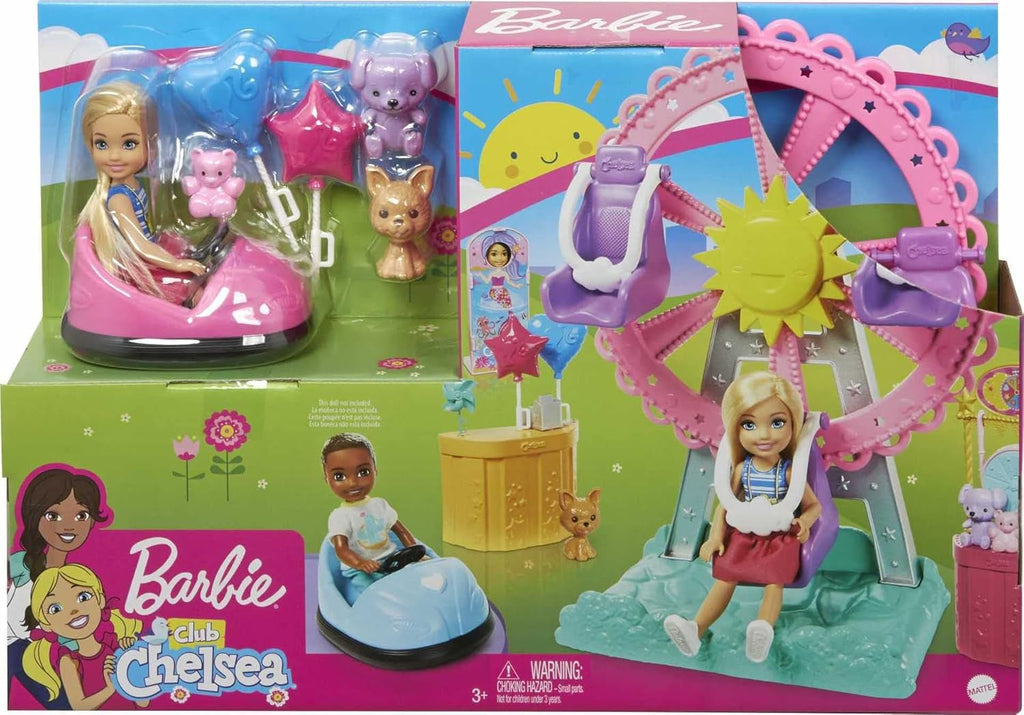 Barbie GHV82 - Chelsea Fairground Playset Cu Păpușă, Aprox. 15 Cm, Blondă, Cu Modă Și Accesorii, Cu Roată Ferris, Mașini Bumper, Pui Și Mai Mult, Jucărie Cadou Pentru Copii De La 3 La 7 Ani Papusi Naty Shop
