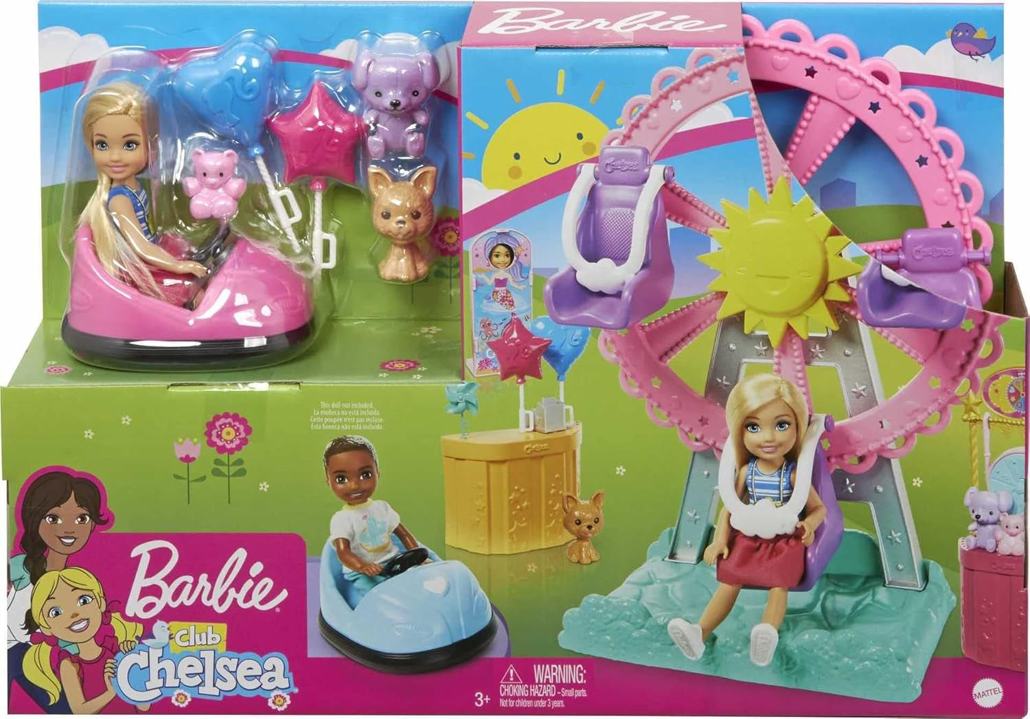 Barbie GHV82 - Chelsea Fairground Playset Cu Păpușă, Aprox. 15 Cm, Blondă, Cu Modă Și Accesorii, Cu Roată Ferris, Mașini Bumper, Pui Și Mai Mult, Jucărie Cadou Pentru Copii De La 3 La 7 Ani Papusi Naty Shop