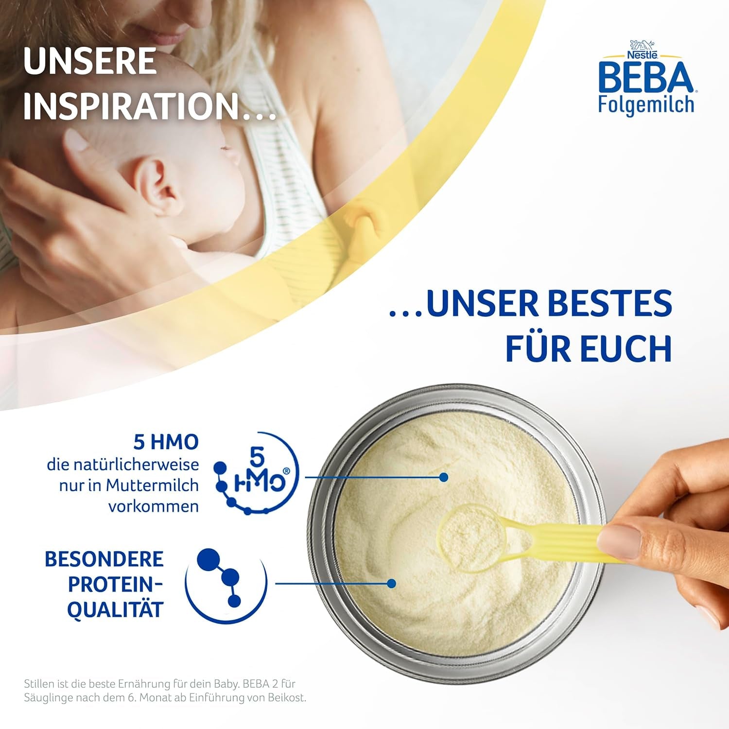 BEBA 2 - Leche de continuación a partir de los 6 meses, con complejo 5 HMO, contenido proteico adecuado a la edad, sin lactosa, sin aceite de palma, sin aceite de pescado, papilla, leche en polvo para bebés, paquete de 3 (3 x 800 g)