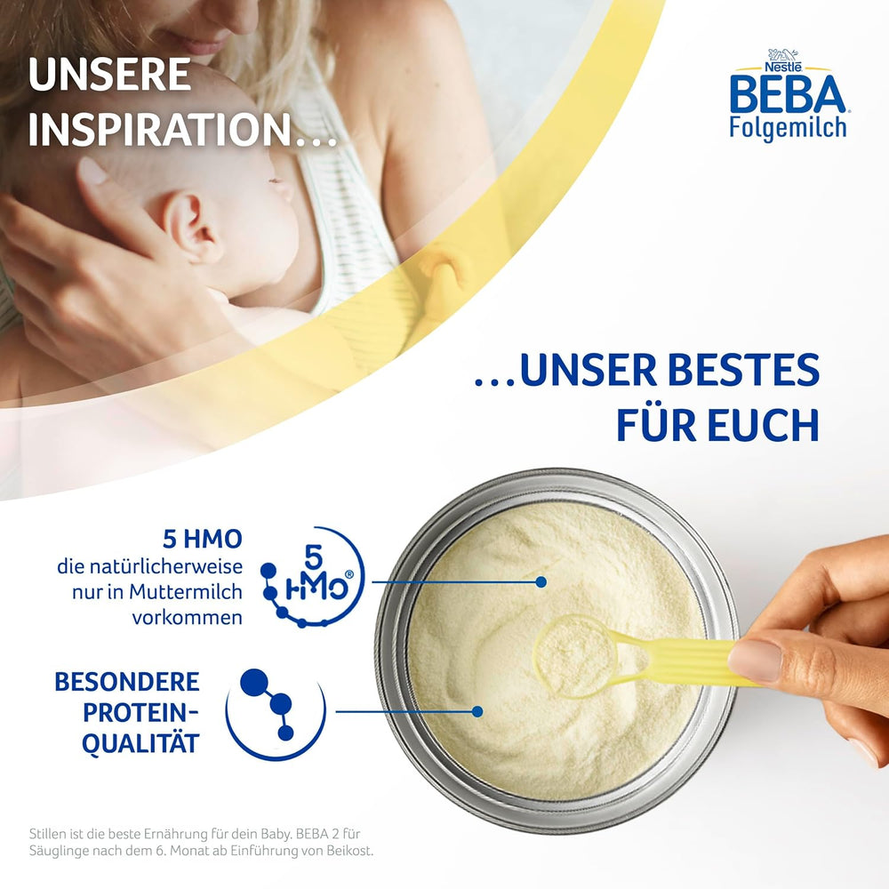 BEBA 2 - Leche de continuación a partir de los 6 meses, con complejo 5 HMO, contenido proteico adecuado a la edad, sin lactosa, sin aceite de palma, sin aceite de pescado, papilla, leche en polvo para bebés, paquete de 3 (3 x 800 g)