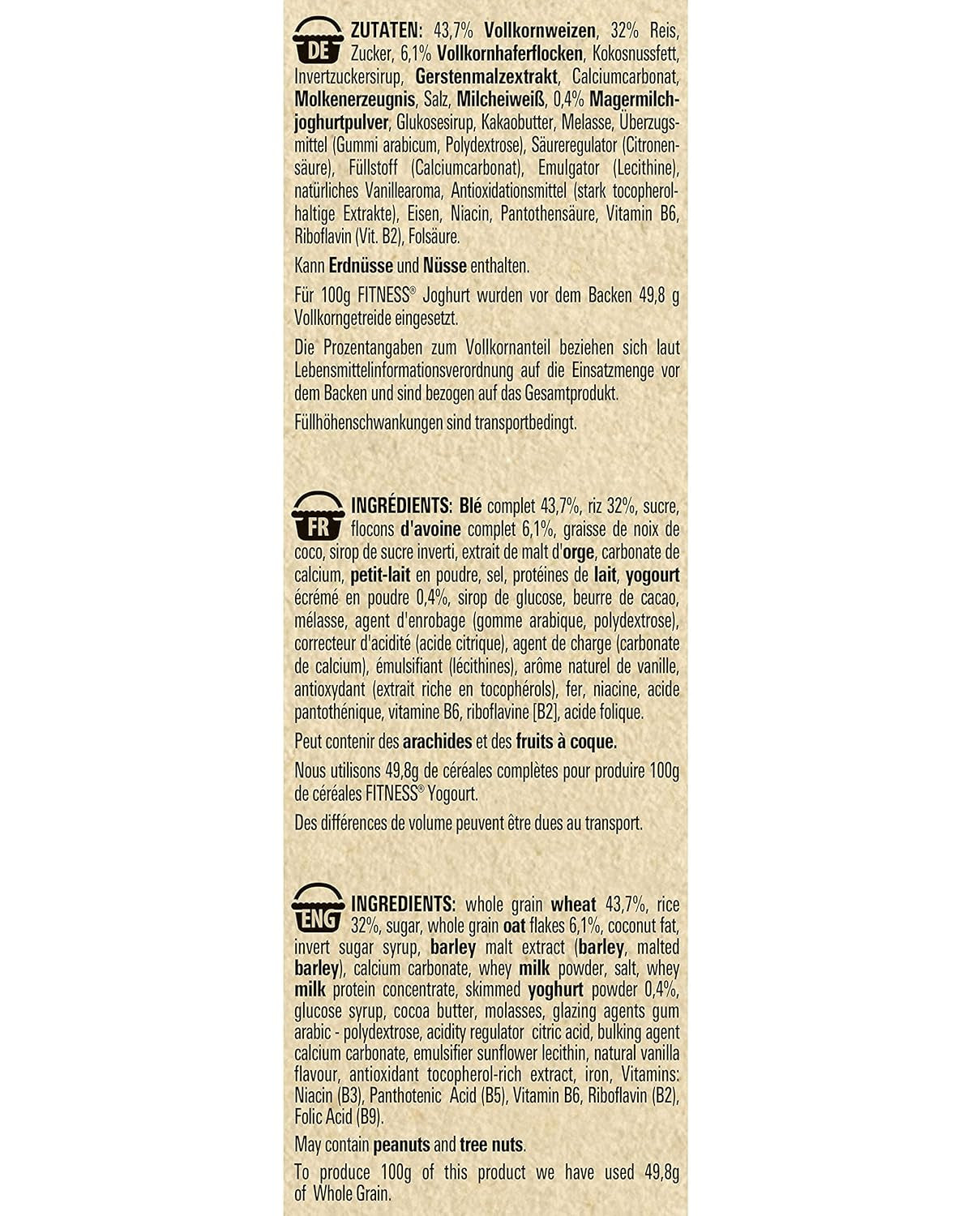 Cereales de desayuno integrales Nestlé Fitness Yogurt con sabor parcial a yogur, paquete de 4 (4 x 350 g)